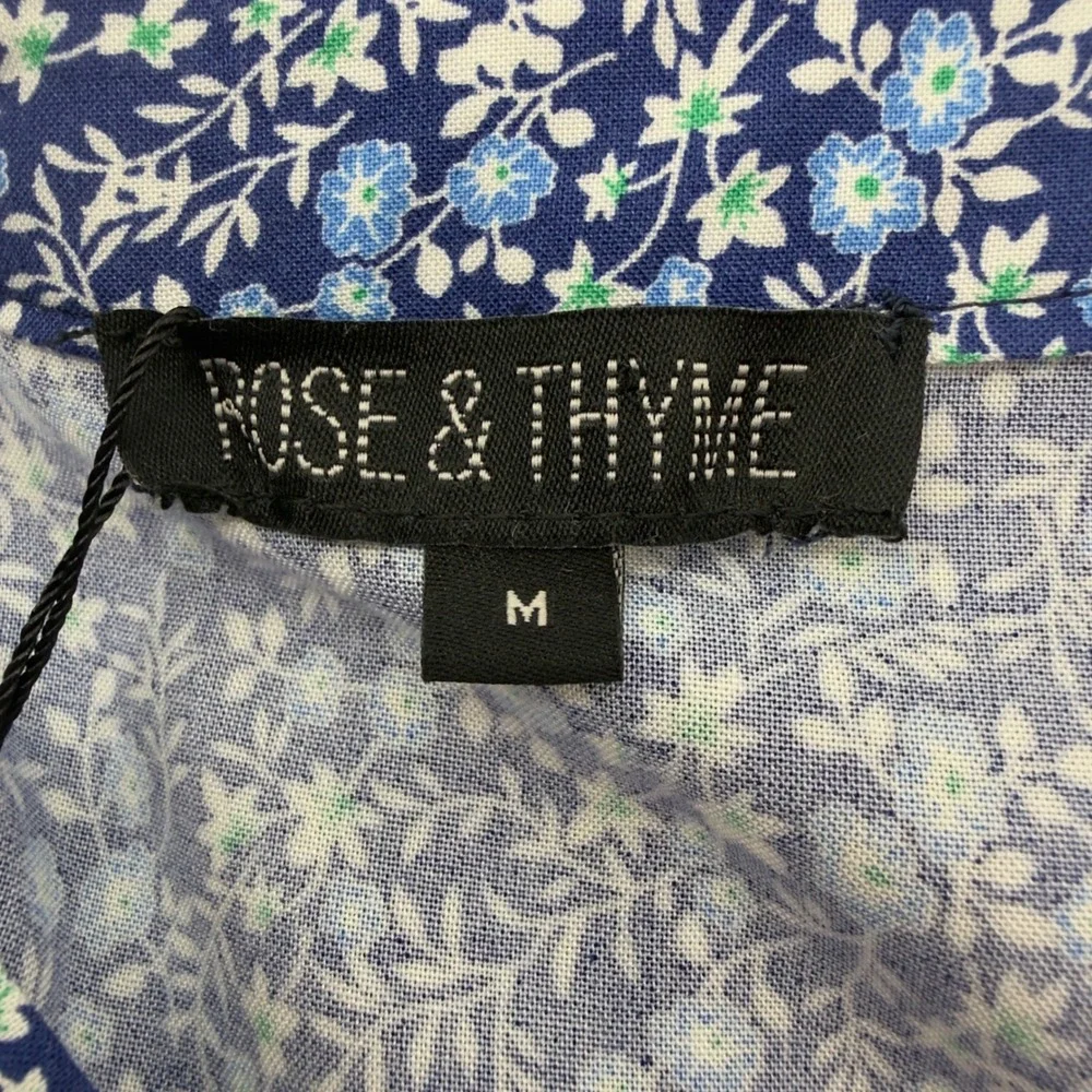 Rose & Thyme Floral Blouse Tie Sleeve V-Neck Blue M Cottagecore Boho Peasant